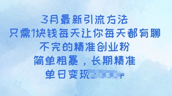 3月最新引流方法，只需1块钱每天让你每天都有聊不完的精准创业粉，简单粗暴，长期精准-网创项目
