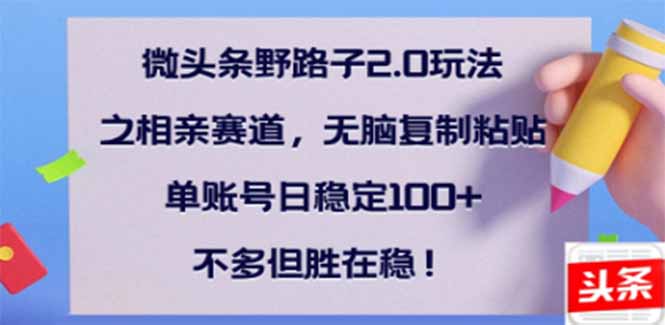 （14334期）微头条野路子2.0玩法之相亲赛道，无脑搬砖复制粘贴，单账号日稳定300+…-网创项目