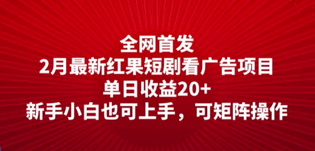 全网首发，2月最新红果短剧看广告项目，单日收益20+，新手小白也可上手，可矩阵操作-网创项目